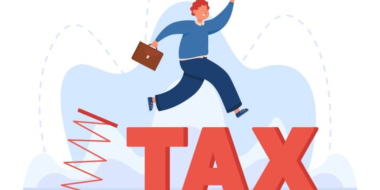 Businessman jumping from flexible spring. Happy entrepreneur enjoying opportunity of zero tax burden, developing business flat vector illustration. Tax exemption for business development concept