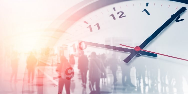 Business times concept people walking overlay with time clock