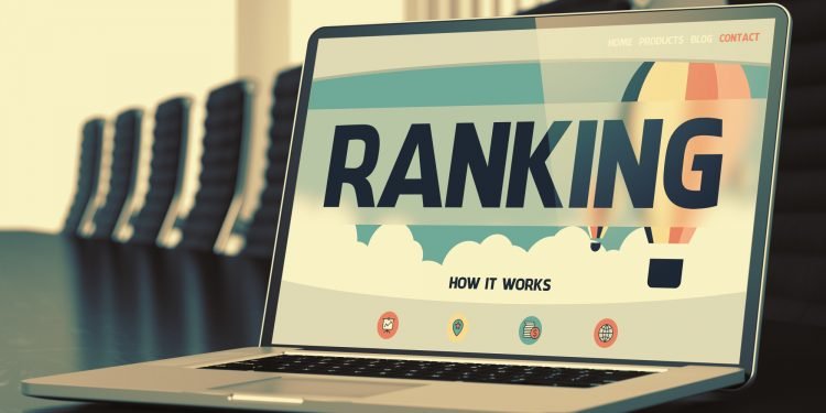 Ranking - Landing Page with Inscription on Mobile Computer Display on Background of Comfortable Conference Room in Modern Office. Closeup View. Blurred. Toned Image. 3D Render.