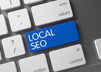 Local SEO Concept Computer Keyboard with Local SEO on Blue Enter Keypad Background, Selected Focus. 3D Illustration.