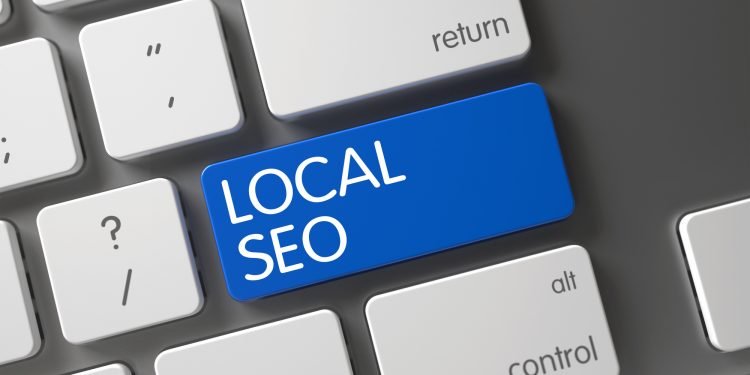 Local SEO Concept Computer Keyboard with Local SEO on Blue Enter Keypad Background, Selected Focus. 3D Illustration.