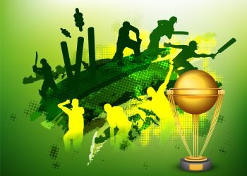 Green Cricket Sports background with illustration of players and golden trophy cup.