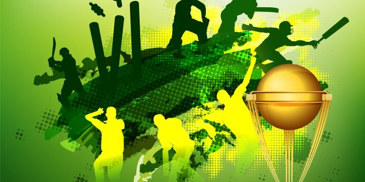 Green Cricket Sports background with illustration of players and golden trophy cup.